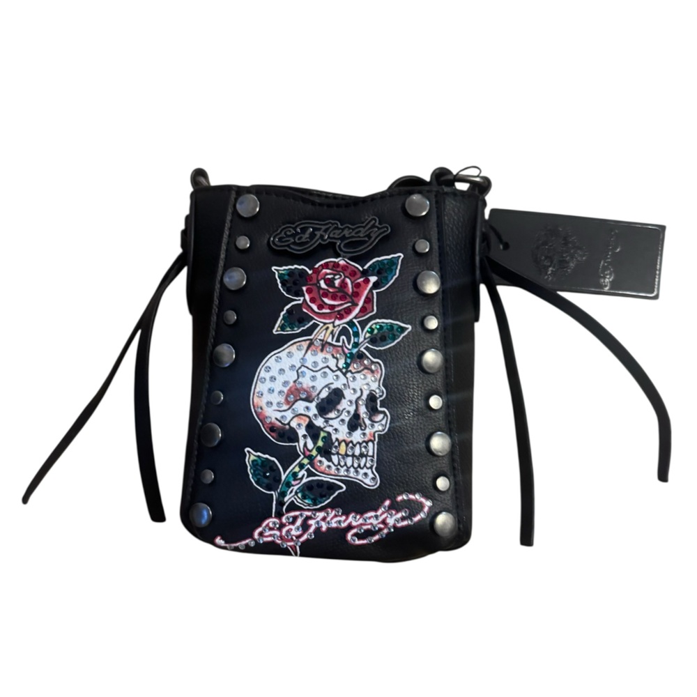 Ed Hardy Black miniature Crossbody Bag with Skull and Floral Art
